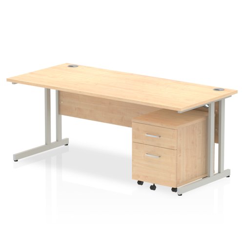 Impulse Cantilever Straight Office Desk W1800 x D800 x H730mm Maple Finish Silver Frame With 2 Drawer Mobile Pedestal - MI000965