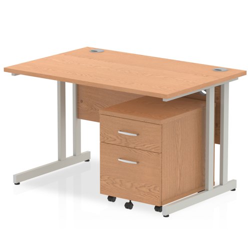 Impulse Cantilever Straight Office Desk W1200 x D800 x H730mm Oak Finish Silver Frame With 2 Drawer Mobile Pedestal - MI000966