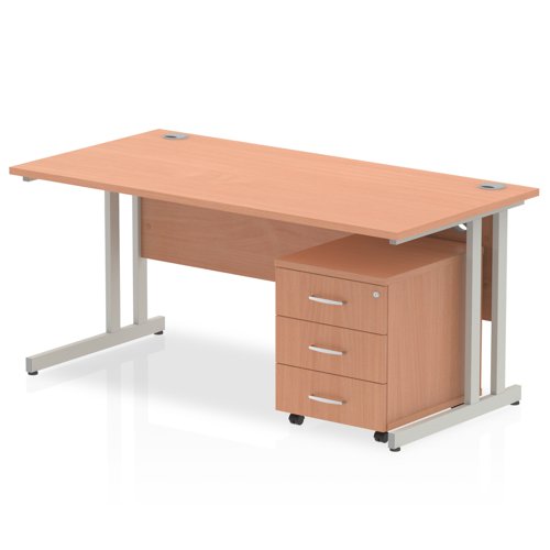 Impulse Cantilever Straight Office Desk W1600 x D800 x H730mm Beech Finish Silver Frame With 3 Drawer Mobile Pedestal - MI000972