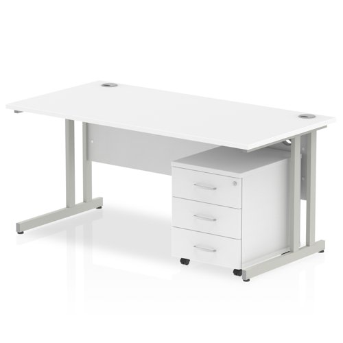 Impulse Cantilever Straight Office Desk W1800 x D800 x H730mm White Finish Silver Frame With 3 Drawer Mobile Pedestal - MI000977
