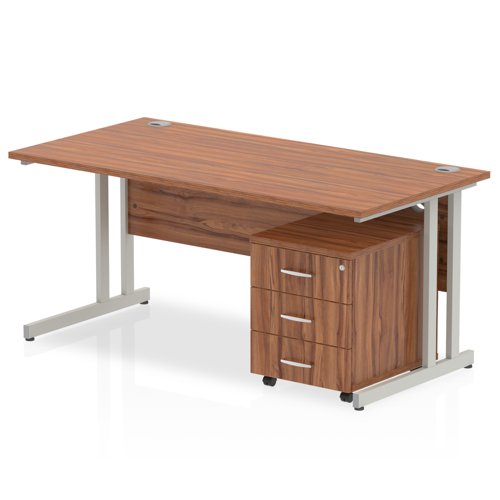 Impulse Cantilever Straight Office Desk W1600 x D800 x H730mm Walnut Finish Silver Frame With 3 Drawer Mobile Pedestal - MI000980