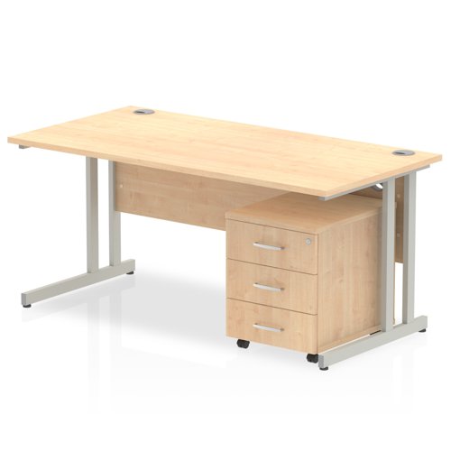 Impulse Cantilever Straight Office Desk W1600 x D800 x H730mm Maple Finish Silver Frame With 3 Drawer Mobile Pedestal - MI000984