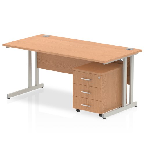 Impulse Cantilever Straight Office Desk W1800 x D800 x H730mm Oak Finish Silver Frame With 3 Drawer Mobile Pedestal - MI000989