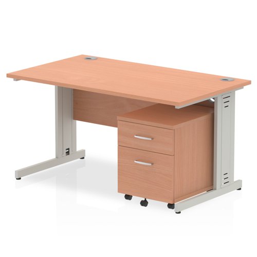 Impulse 1400 x 800mm Straight Office Desk Beech Top Silver Cable Managed Leg Workstation 2 Drawer Mobile Pedestal