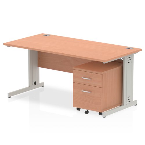 Impulse 1600 x 800mm Straight Office Desk Beech Top Silver Cable Managed Leg Workstation 2 Drawer Mobile Pedestal