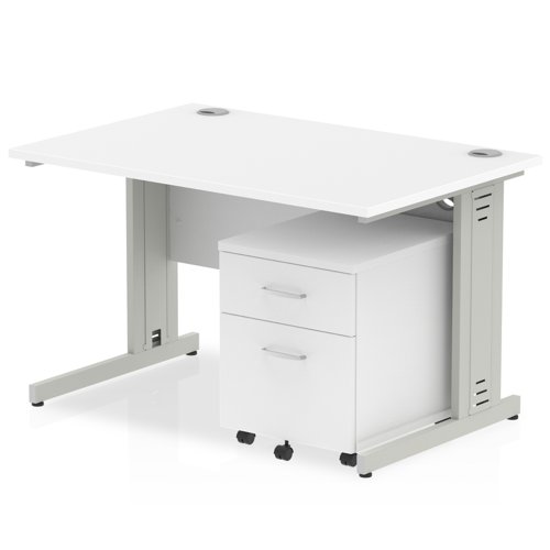Impulse 1200 x 800mm Straight Office Desk White Top Silver Cable Managed Leg Workstation 2 Drawer Mobile Pedestal