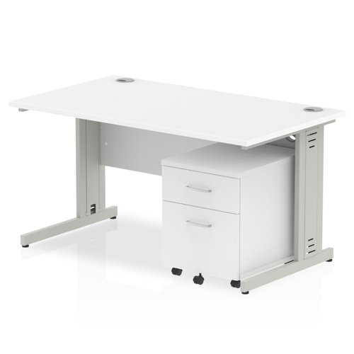 Impulse 1400 x 800mm Straight Office Desk White Top Silver Cable Managed Leg Workstation 2 Drawer Mobile Pedestal