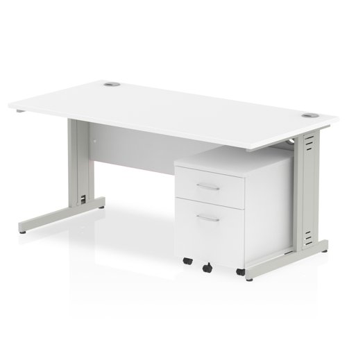 Impulse 1600 x 800mm Straight Office Desk White Top Silver Cable Managed Leg Workstation 2 Drawer Mobile Pedestal