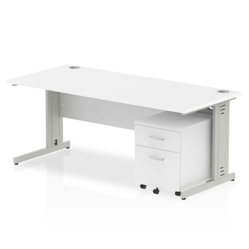 Impulse 1800 x 800mm Straight Office Desk White Top Silver Cable Managed Leg Workstation 2 Drawer Mobile Pedestal