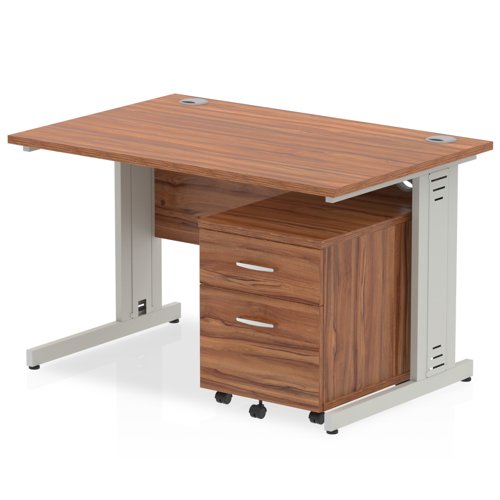 Impulse 1200 x 800mm Straight Office Desk Walnut Top Silver Cable Managed Leg Workstation 2 Drawer Mobile Pedestal