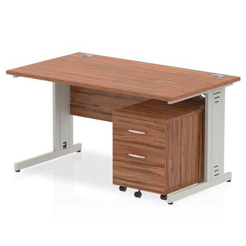 Impulse 1400 x 800mm Straight Office Desk Walnut Top Silver Cable Managed Leg Workstation 2 Drawer Mobile Pedestal