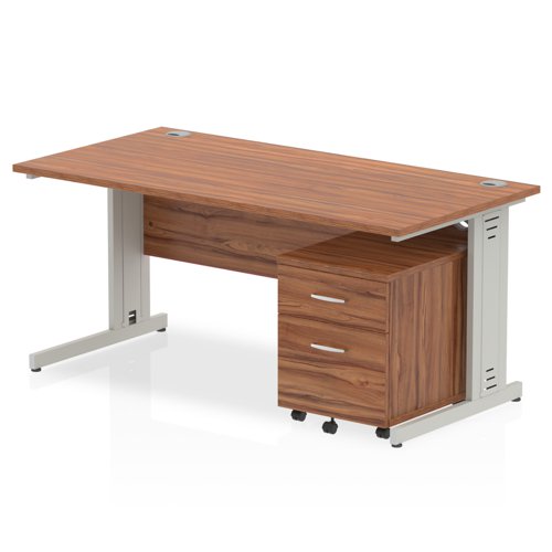 Impulse 1600 x 800mm Straight Office Desk Walnut Top Silver Cable Managed Leg Workstation 2 Drawer Mobile Pedestal