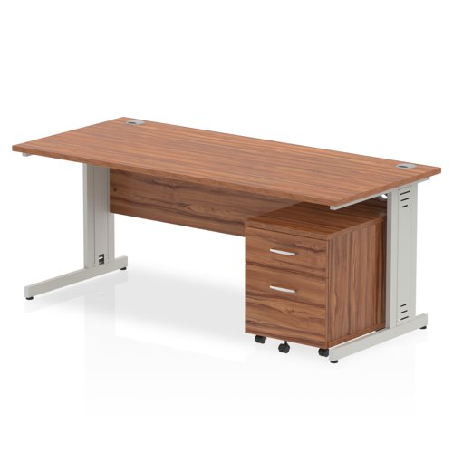 Impulse 1800 x 800mm Straight Office Desk Walnut Top Silver Cable Managed Leg Workstation 2 Drawer Mobile Pedestal