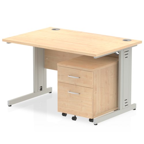Impulse 1200 x 800mm Straight Office Desk Maple Top Silver Cable Managed Leg Workstation 2 Drawer Mobile Pedestal