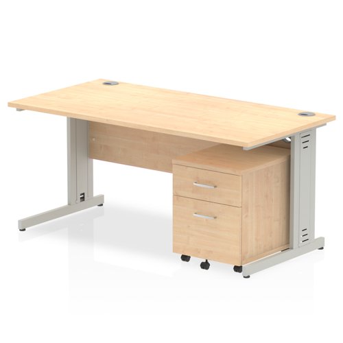 Impulse 1600 x 800mm Straight Office Desk Maple Top Silver Cable Managed Leg Workstation 2 Drawer Mobile Pedestal