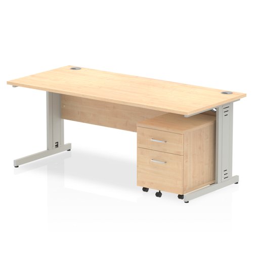 Impulse 1800 x 800mm Straight Office Desk Maple Top Silver Cable Managed Leg Workstation 2 Drawer Mobile Pedestal