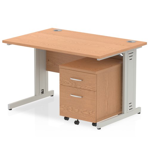 Impulse 1200 x 800mm Straight Office Desk Oak Top Silver Cable Managed Leg Workstation 2 Drawer Mobile Pedestal