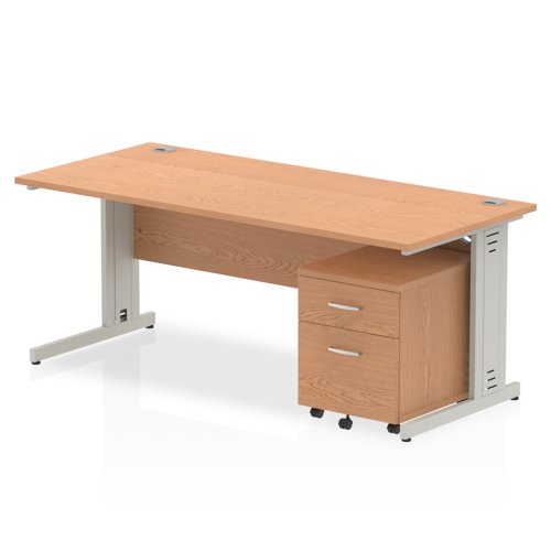 Impulse 1800 x 800mm Straight Office Desk Oak Top Silver Cable Managed Leg Workstation 2 Drawer Mobile Pedestal