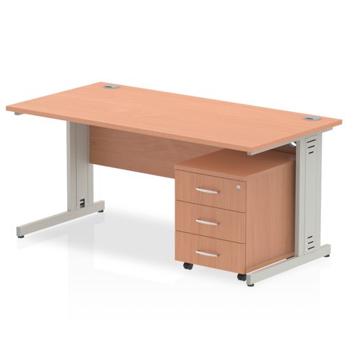 Impulse 1200 x 800mm Straight Office Desk Beech Top Silver Cable Managed Leg Workstation 3 Drawer Mobile Pedestal