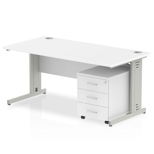 Impulse 1200 x 800mm Straight Office Desk White Top Silver Cable Managed Leg Workstation 3 Drawer Mobile Pedestal