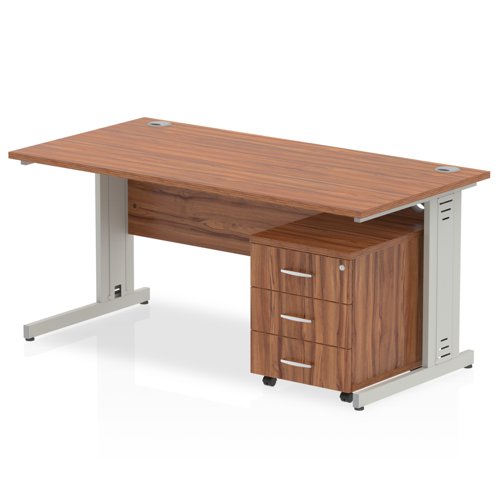 Impulse 1800 x 800mm Straight Office Desk Walnut Top Silver Cable Managed Leg Workstation 3 Drawer Mobile Pedestal