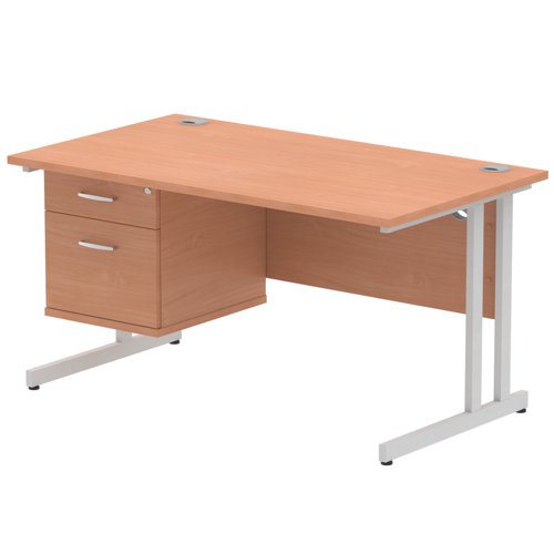 Dynamic Impulse W1400 x D800 x H730mm Straight Office Desk Cantilever Leg With 1 x 2 Drawer Single Fixed Pedestal Beech Finish Silver Frame - MI001689