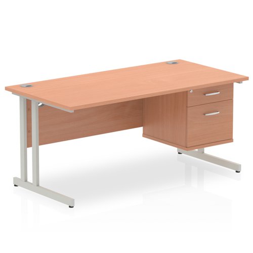 Impulse 1600 x 800mm Straight Office Desk Beech Top Silver Cantilever Leg Workstation 1 x 2 Drawer Fixed Pedestal
