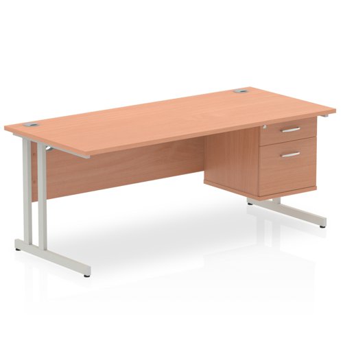 Impulse 1800 x 800mm Straight Office Desk Beech Top Silver Cantilever Leg Workstation 1 x 2 Drawer Fixed Pedestal