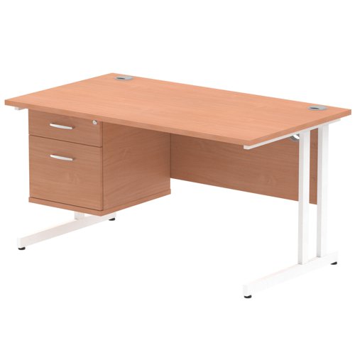 Impulse 1400 x 800mm Straight Office Desk Beech Top White Cantilever Leg Workstation 1 x 2 Drawer Fixed Pedestal