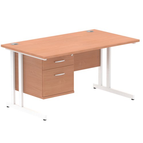 Impulse 1400 x 800mm Straight Office Desk Beech Top White Cantilever Leg Workstation 1 x 2 Drawer Fixed Pedestal
