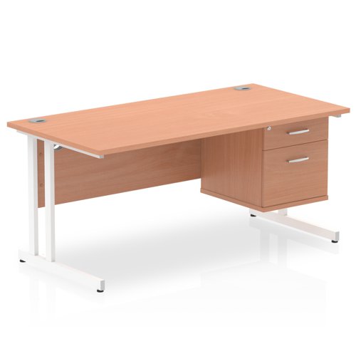 Impulse 1600 x 800mm Straight Office Desk Beech Top White Cantilever Leg Workstation 1 x 2 Drawer Fixed Pedestal