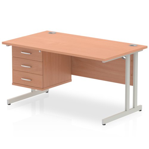Impulse 1400 x 800mm Straight Office Desk Beech Top Silver Cantilever Leg Workstation 1 x 3 Drawer Fixed Pedestal
