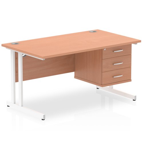 Impulse 1400 x 800mm Straight Office Desk Beech Top White Cantilever Leg Workstation 1 x 3 Drawer Fixed Pedestal