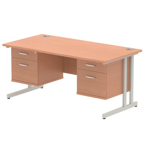Impulse 1600 Rectangle Silver Cant Leg Desk Beech 2 x 2 Drawer Fixed Ped
