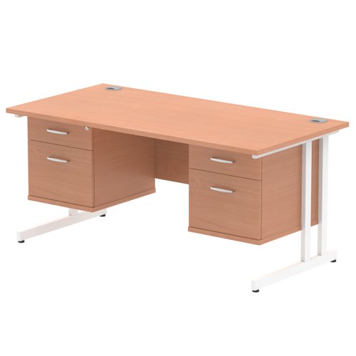 Impulse 1600 x 800mm Straight Office Desk Beech Top White Cantilever Leg Workstation 2 x 2 Drawer Fixed Pedestal