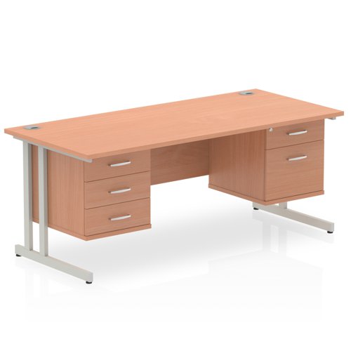 Impulse 1600 x 800mm Straight Office Desk Beech Top Silver Cantilever Leg Workstation 1 x 2 Drawer 1 x 3 Drawer Fixed Pedestal