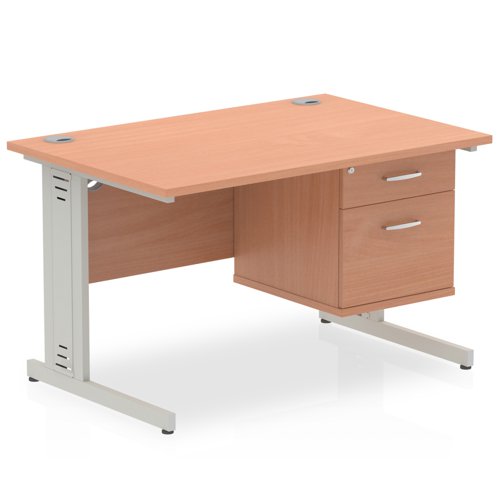 Impulse 1200 x 800mm Straight Office Desk Beech Top Silver Cable Managed Leg Workstation 1 x 2 Drawer Fixed Pedestal