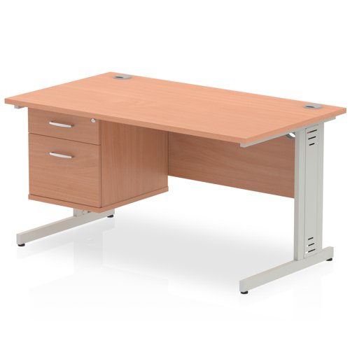 Impulse 1400 x 800mm Straight Office Desk Beech Top Silver Cable Managed Leg Workstation 1 x 2 Drawer Fixed Pedestal