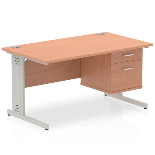 Impulse 1400 x 800mm Straight Office Desk Beech Top Silver Cable Managed Leg Workstation 1 x 2 Drawer Fixed Pedestal