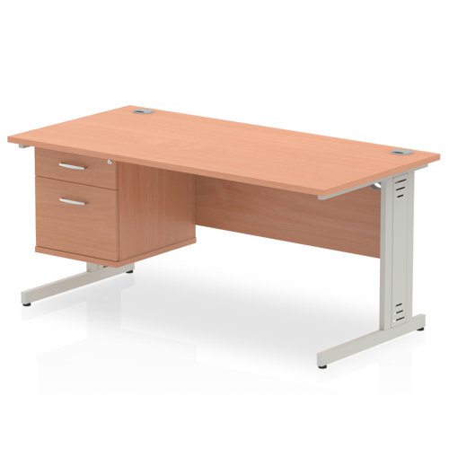 Impulse 1600 x 800mm Straight Office Desk Beech Top Silver Cable Managed Leg Workstation 1 x 2 Drawer Fixed Pedestal
