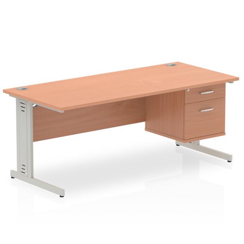 Impulse 1800 x 800mm Straight Office Desk Beech Top Silver Cable Managed Leg Workstation 1 x 2 Drawer Fixed Pedestal