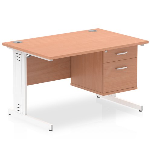 Impulse 1200 x 800mm Straight Office Desk Beech Top White Cable Managed Leg Workstation 1 x 2 Drawer Fixed Pedestal