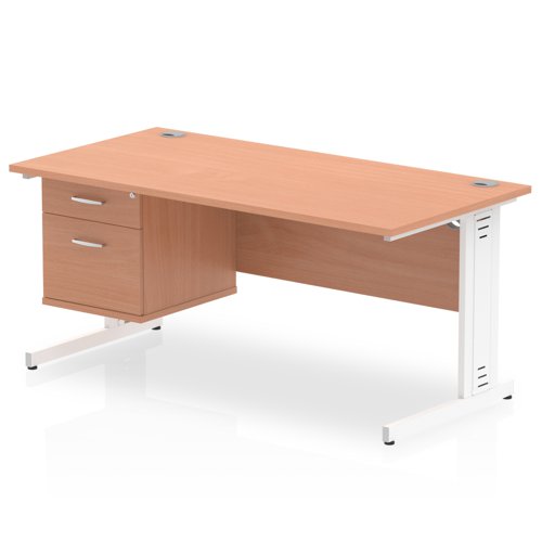 Impulse 1600 x 800mm Straight Office Desk Beech Top White Cable Managed Leg Workstation 1 x 2 Drawer Fixed Pedestal