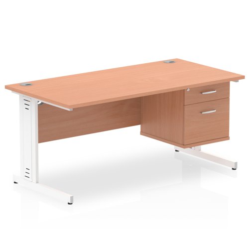 Impulse 1600 x 800mm Straight Office Desk Beech Top White Cable Managed Leg Workstation 1 x 2 Drawer Fixed Pedestal