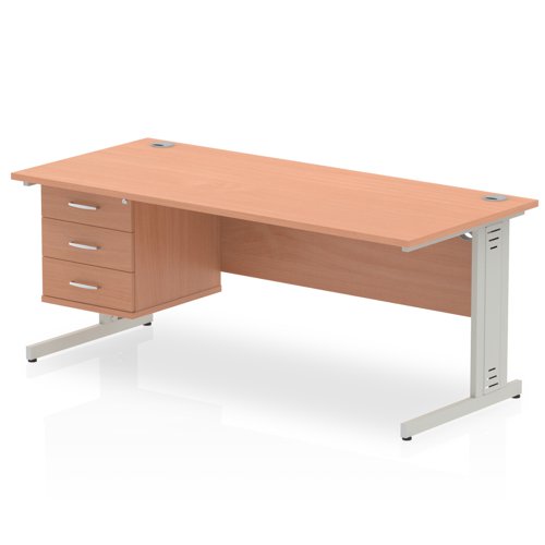 Impulse 1800 x 800mm Straight Office Desk Beech Top Silver Cable Managed Leg Workstation 1 x 3 Drawer Fixed Pedestal