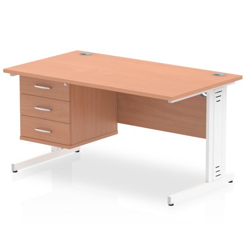Impulse 1400 x 800mm Straight Office Desk Beech Top White Cable Managed Leg Workstation 1 x 3 Drawer Fixed Pedestal