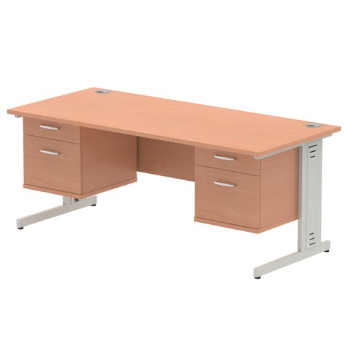 Impulse 1800 x 800mm Straight Office Desk Beech Top Silver Cable Managed Leg Workstation 2 x 2 Drawer Fixed Pedestal
