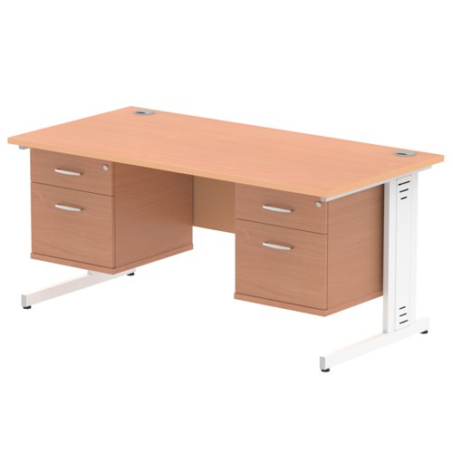Impulse 1600 x 800mm Straight Office Desk Beech Top White Cable Managed Leg Workstation 2 x 2 Drawer Fixed Pedestal