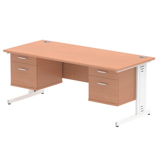 Impulse 1800 x 800mm Straight Office Desk Beech Top White Cable Managed Leg Workstation 2 x 2 Drawer Fixed Pedestal