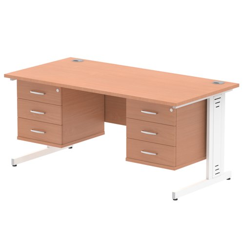 Impulse 1600 x 800mm Straight Office Desk Beech Top White Cable Managed Leg Workstation 2 x 3 Drawer Fixed Pedestal